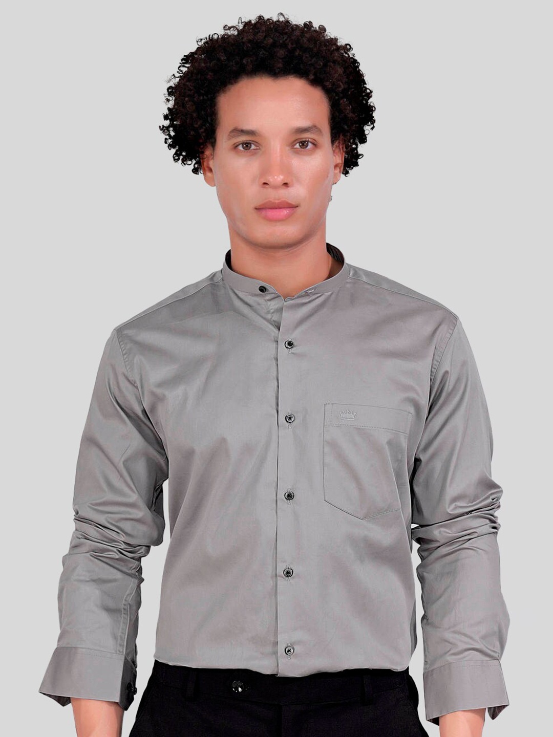 

FRENCH CROWN Mandarin Collar Standard Cotton Casual Shirt, Grey