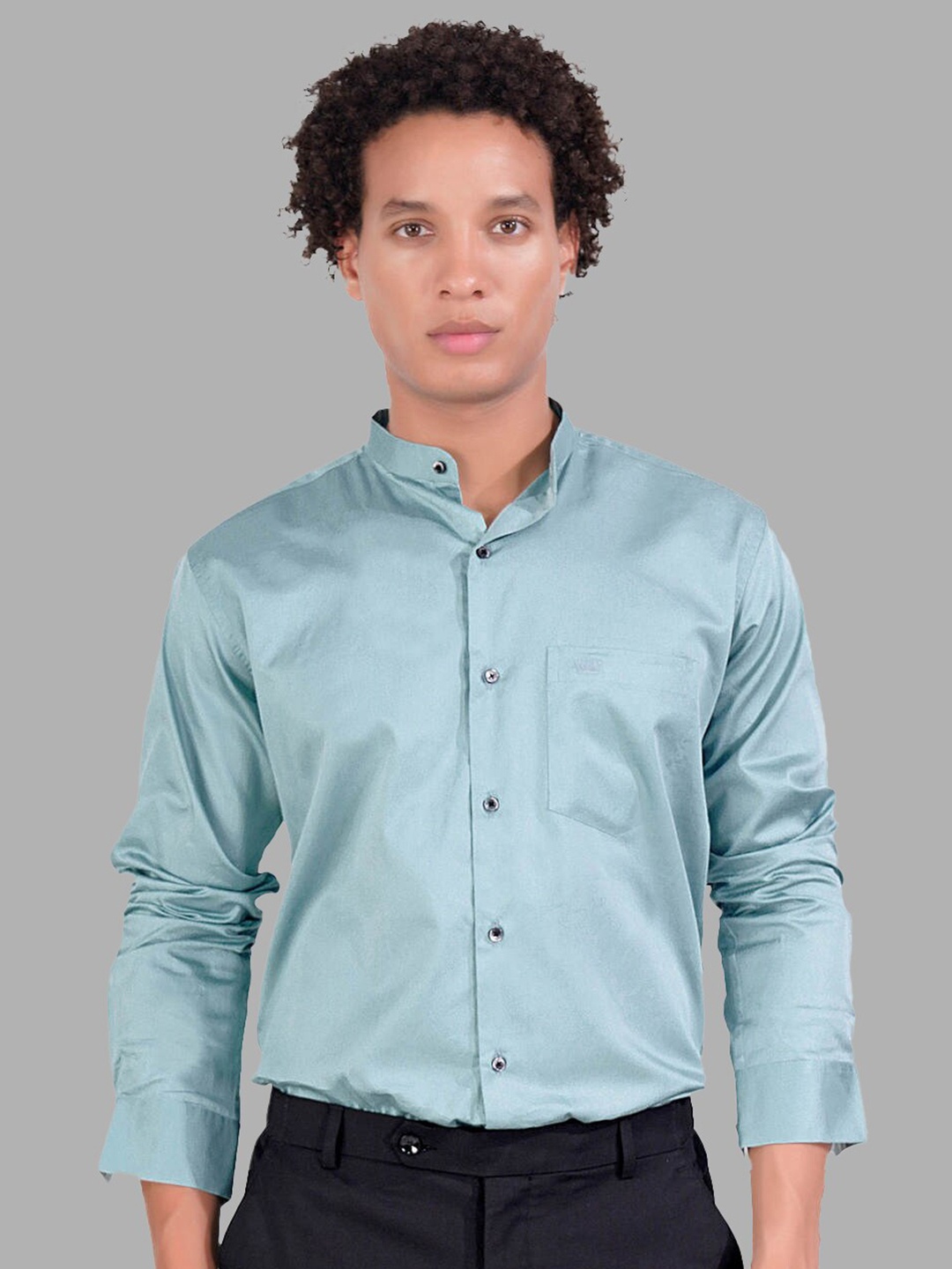 

FRENCH CROWN Premium Cotton Mandarin Collar Standard Opaque Casual Shirt, Blue