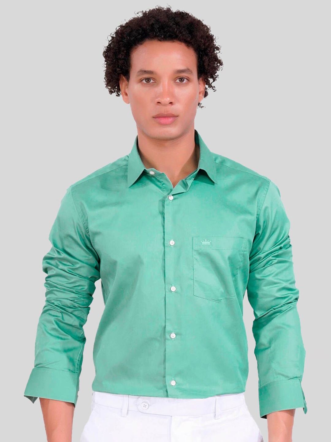 

FRENCH CROWN Standard Spread Collar Cotton Formal Shirt, Green