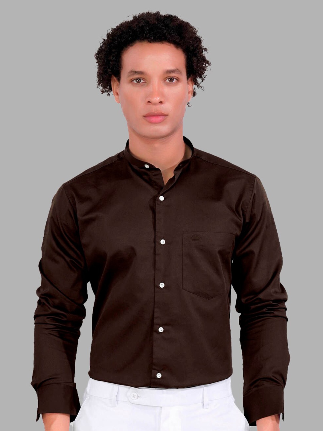 

FRENCH CROWN Standard Mandarin Collar Cotton Formal Shirt, Brown