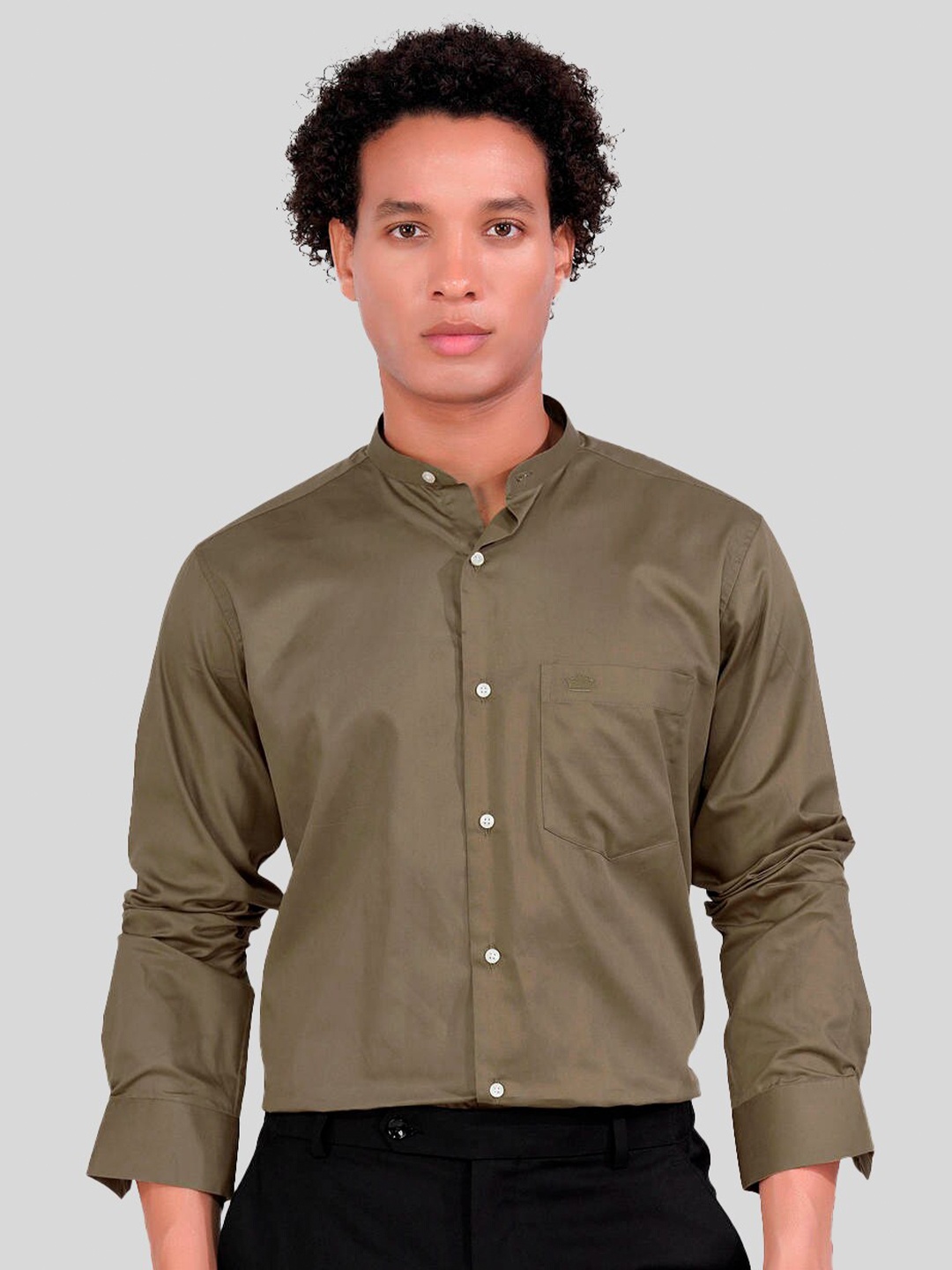 

FRENCH CROWN Band Collar Standard Opaque Cotton Casual Shirt, Brown