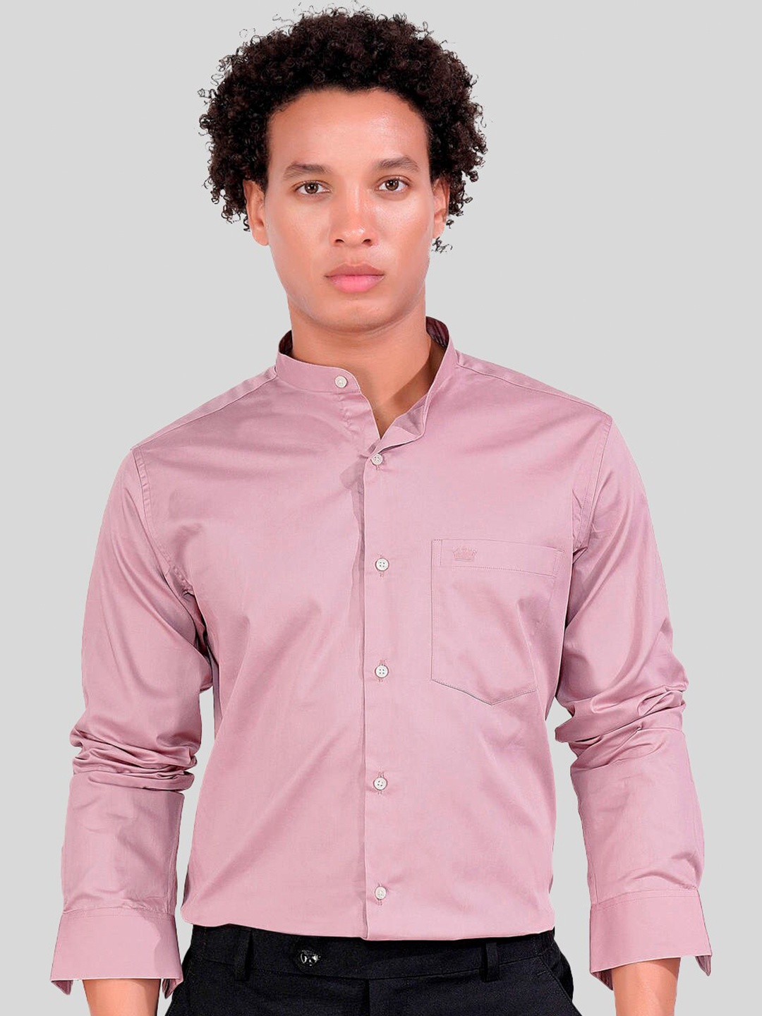 

FRENCH CROWN Band Collar Standard Opaque Cotton Casual Shirt, Pink