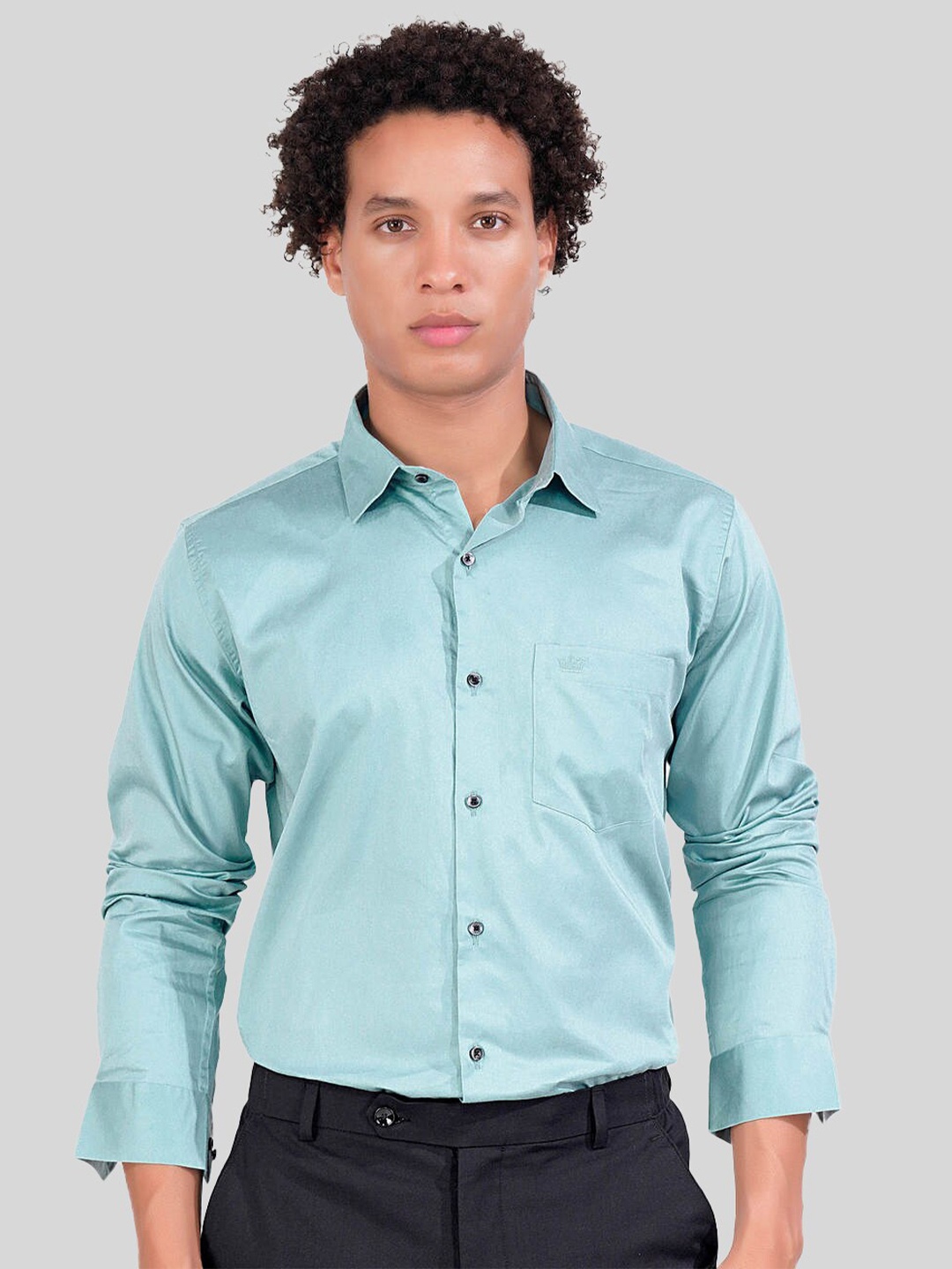 

FRENCH CROWN Spread Collar Standard Pure Cotton Shirt, Blue