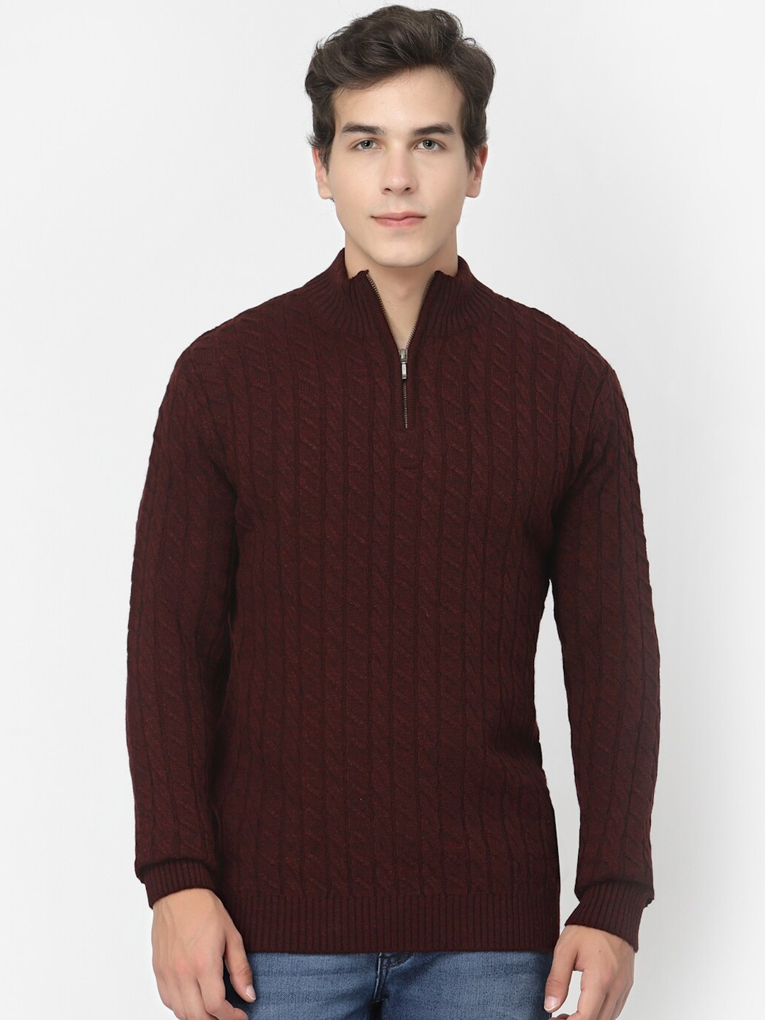 

Kalt Cable Knit Half Zipper Pullover, Maroon