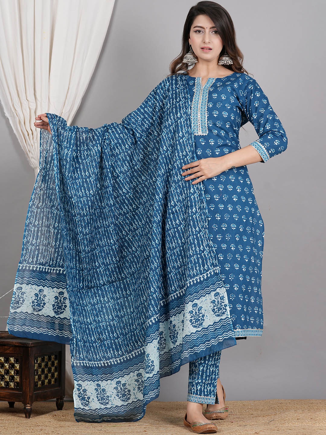 

ZOYOTO Ethnic Motifs Printed Pure Cotton Straight Kurta With Trousers & Dupatta, Blue