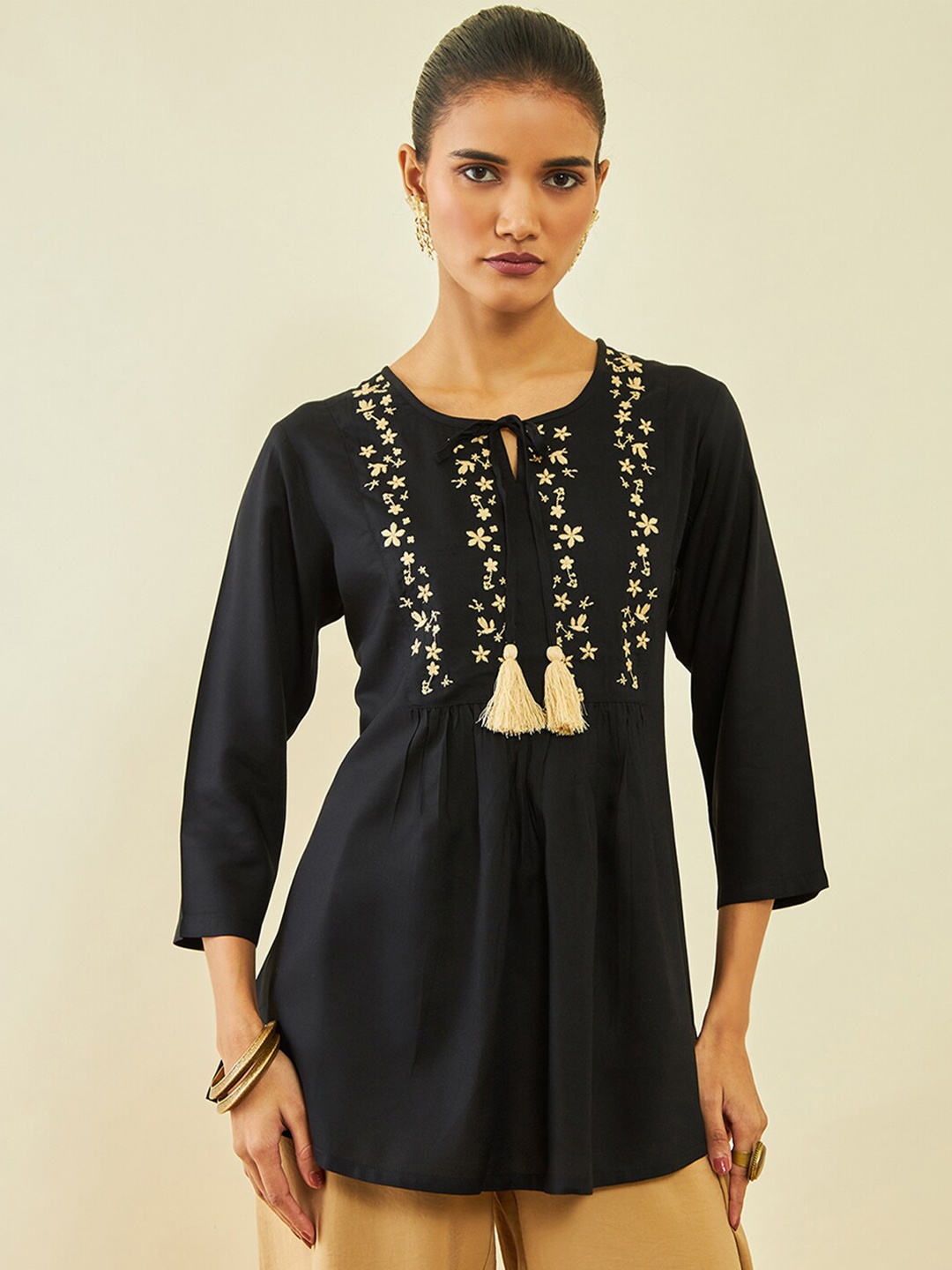 

Soch Black & Yellow Floral Embroidered Tie-Up Neck A-Line Tunic