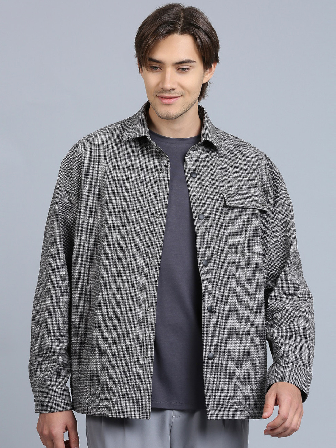 

ONEMILE Micro Checked Spread Collar Shacket, Black