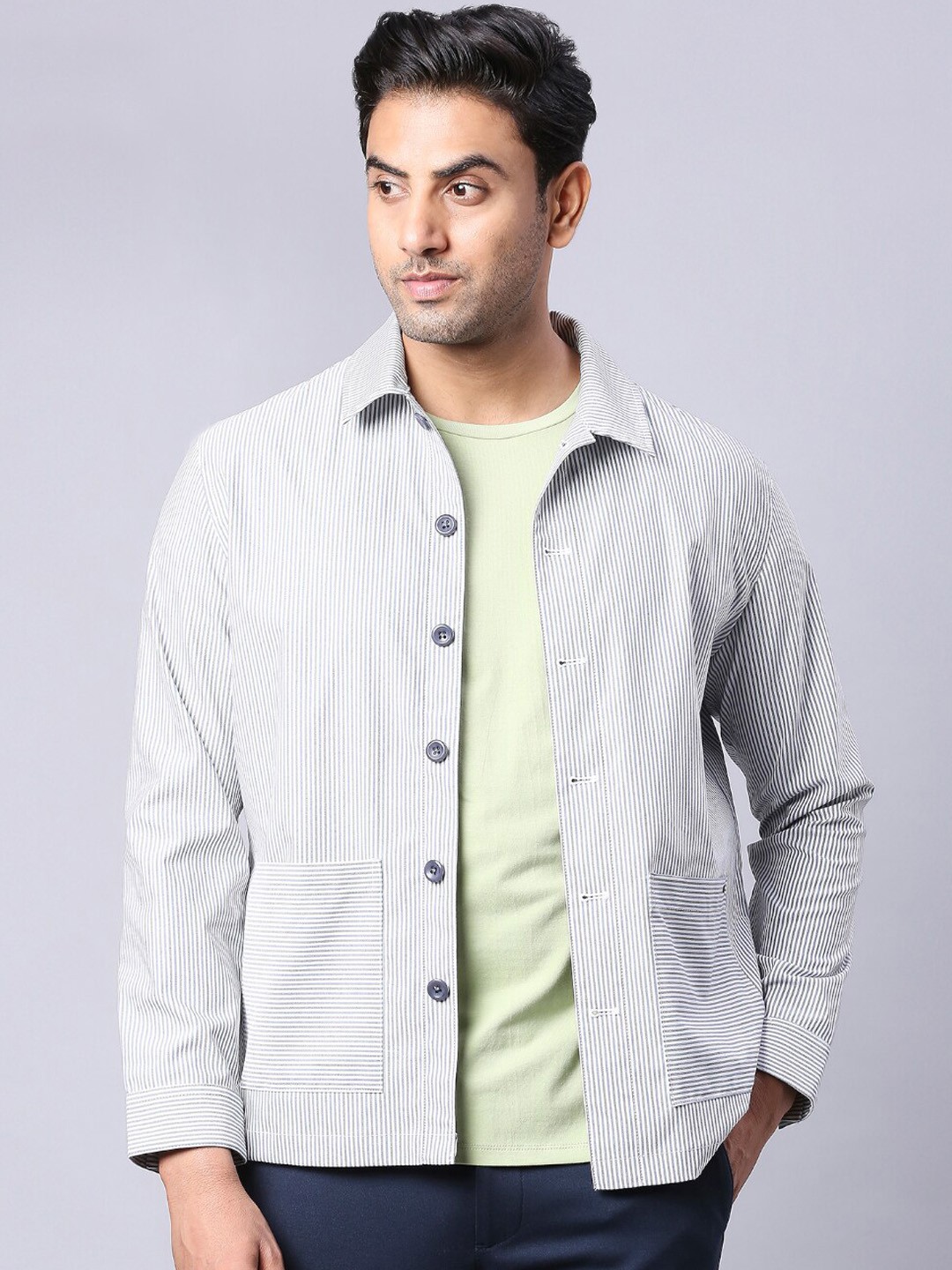 

ONEMILE Striped Spread Collar Shacket, White