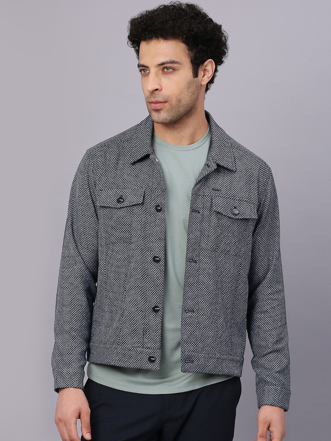 

ONEMILE Micro Ditsy Printed Spread Collar Shacket, Navy blue