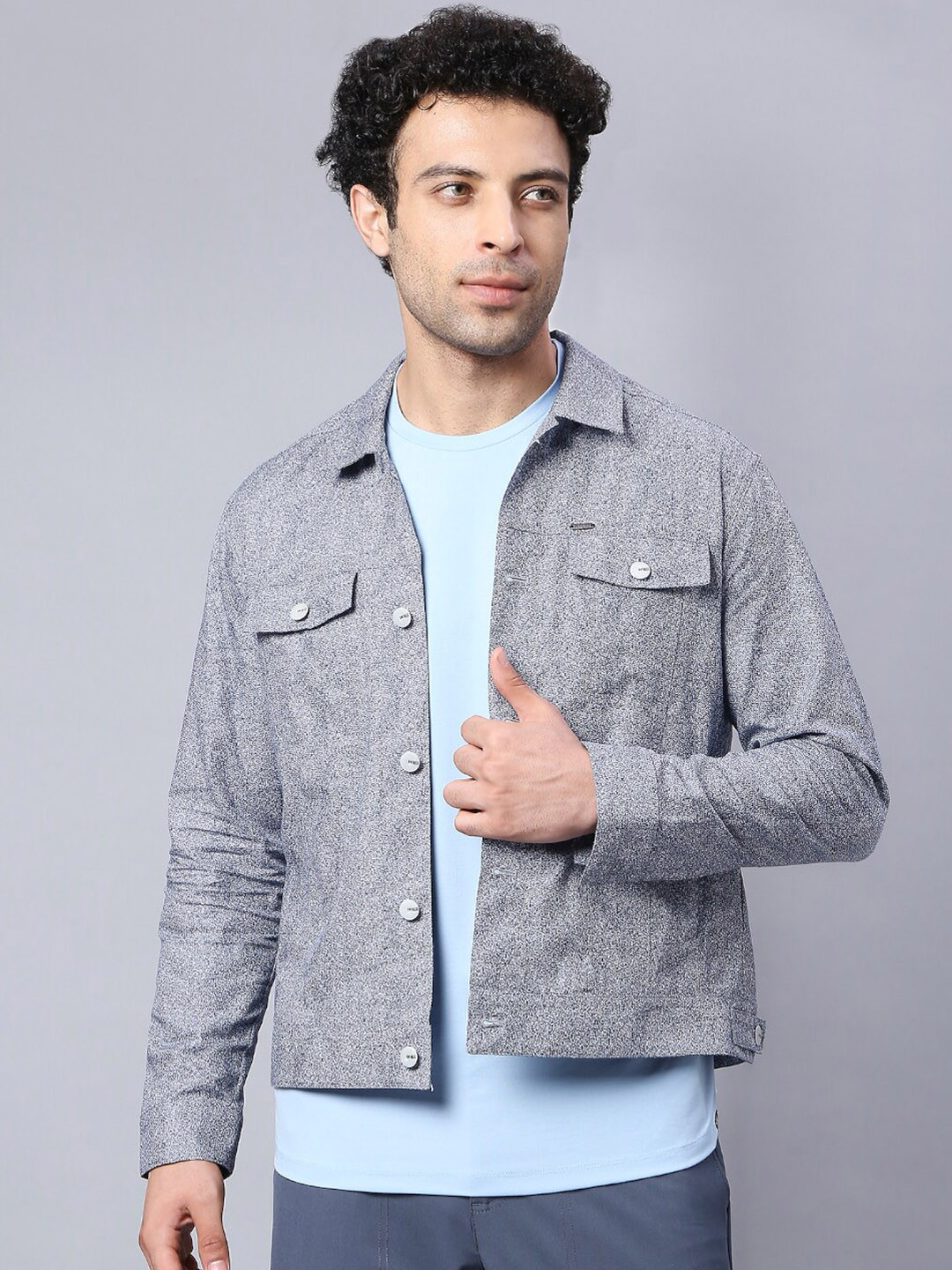 

ONEMILE Micro Ditsy Printed Spread Collar Pue Cotton Shacket, Blue