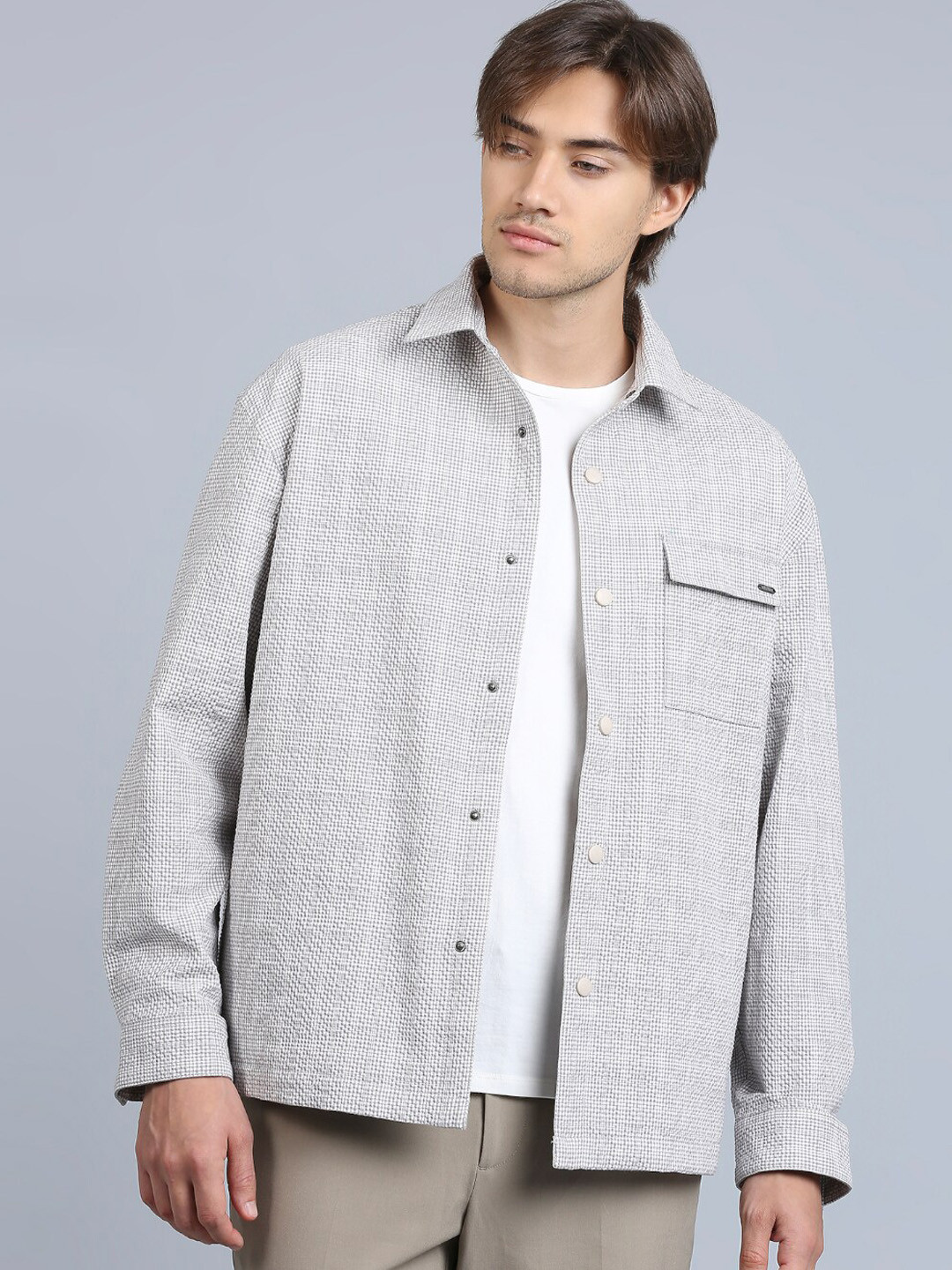 

ONEMILE Micro Checked Long Sleeve Shacket, Grey