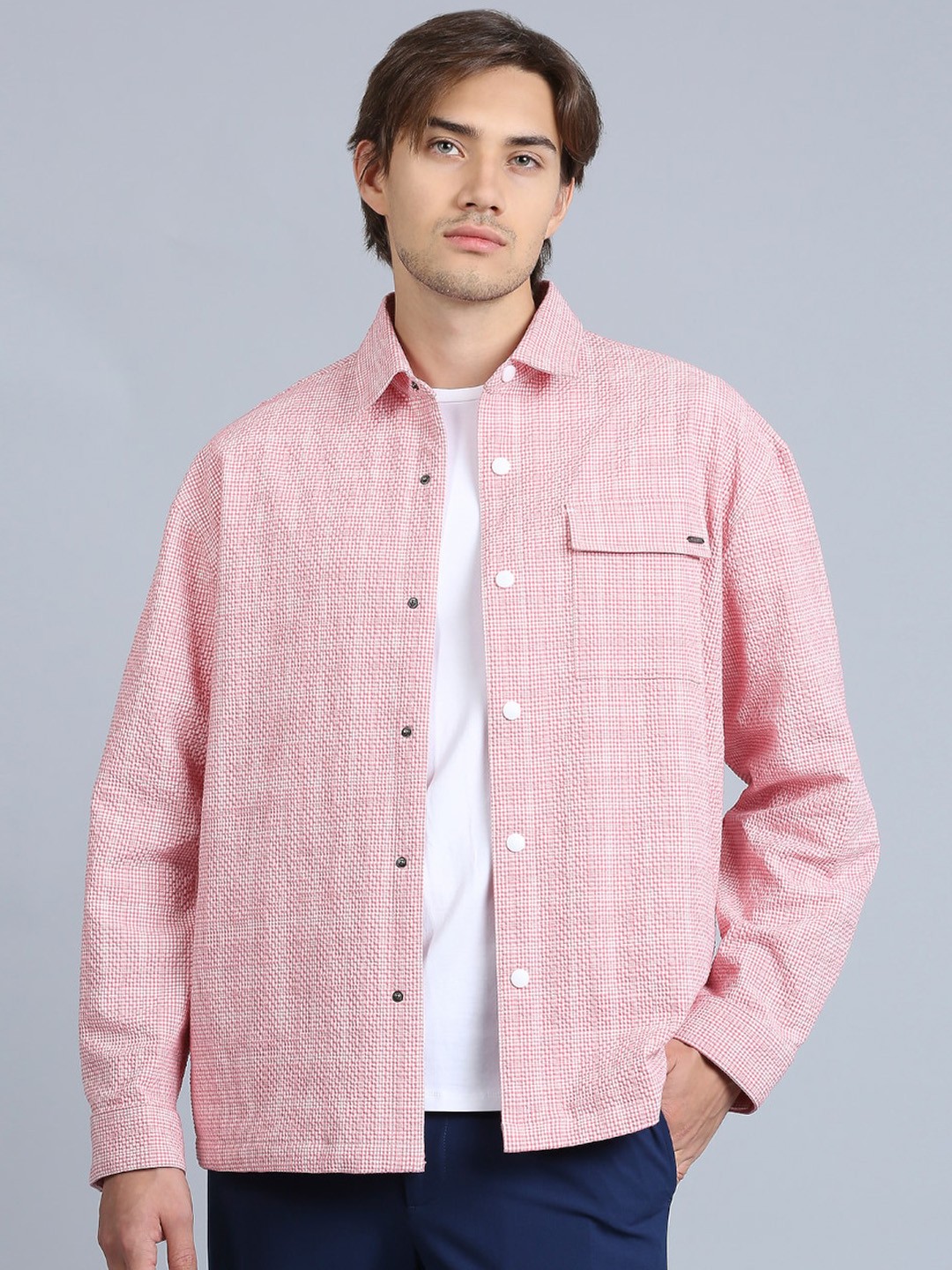 

ONEMILE Micro Checked Long Sleeve Shacket, Pink