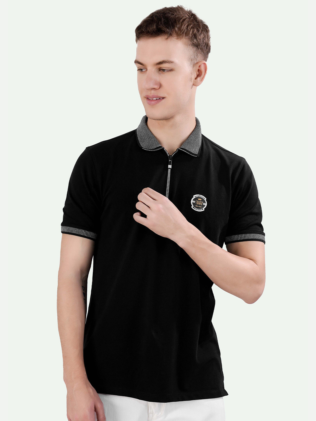 

FRENCH CROWN Polo Collar Cotton T-shirt, Black