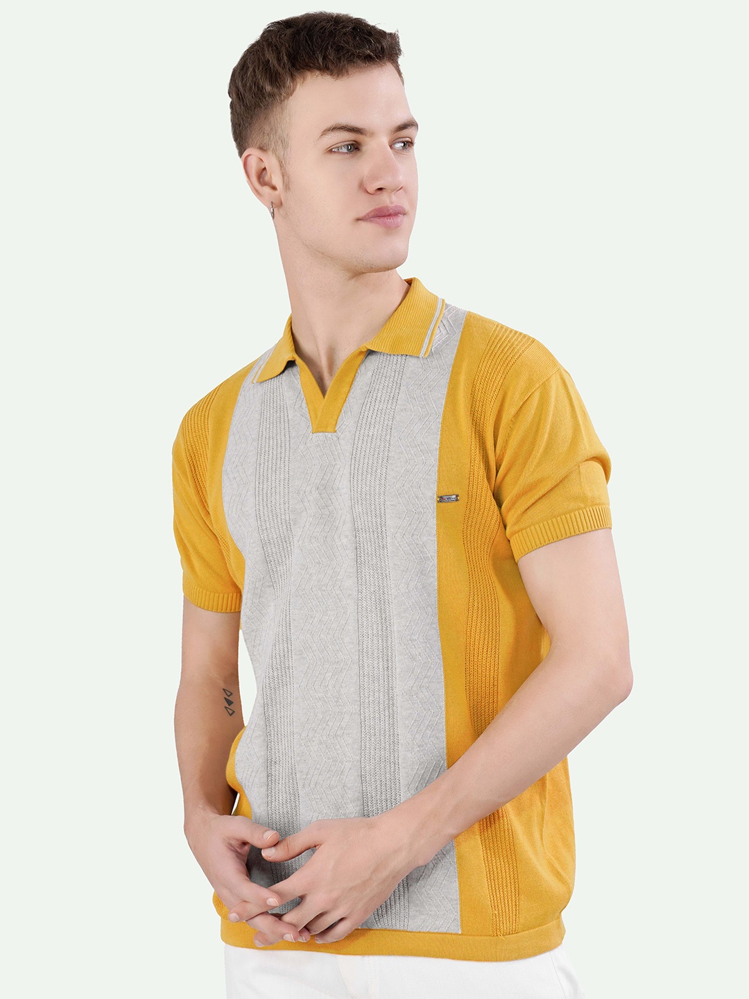 

FRENCH CROWN Colourblocked Polo Collar Cotton T-shirt, Yellow