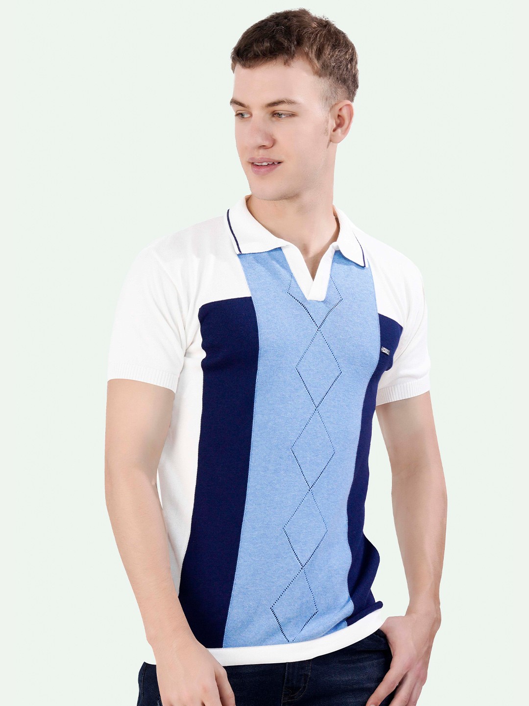 

FRENCH CROWN Colourblocked Polo Collar Cotton T-shirt, Blue