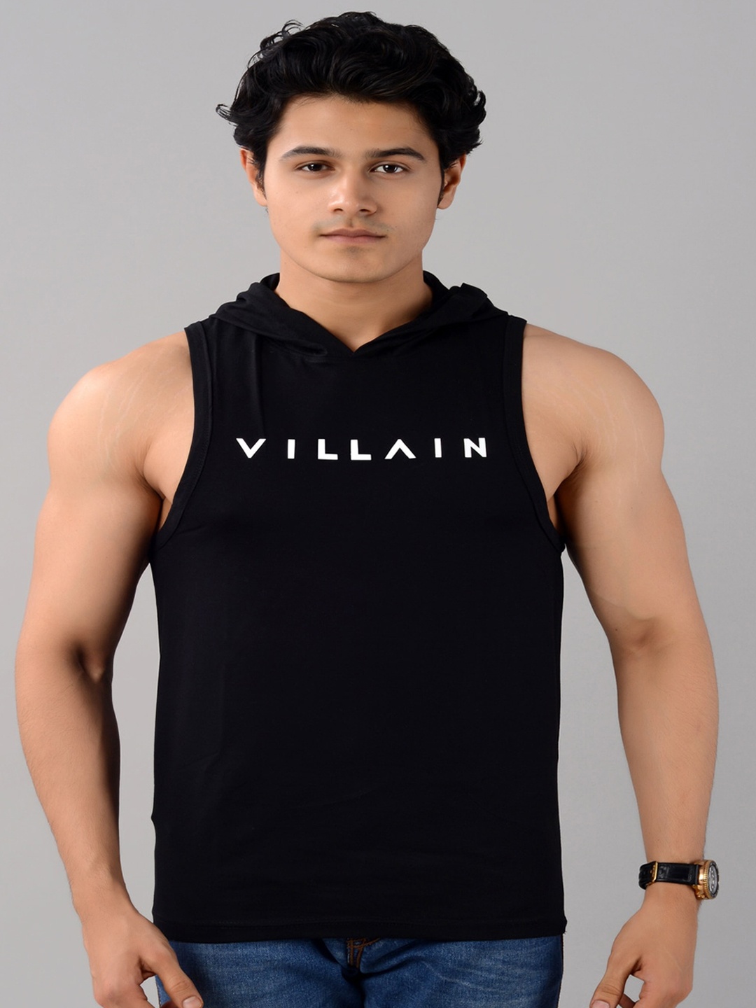 

VILLAIN Typography Printed Hooded Gym Vest, Black