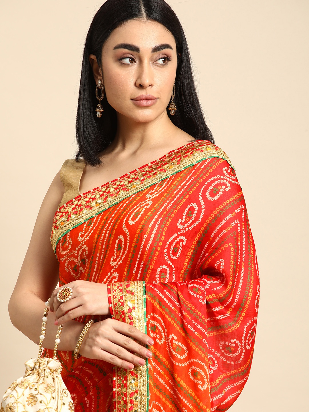 

Mitera Gotta Patti Poly Georgette Bandhani Saree, Red