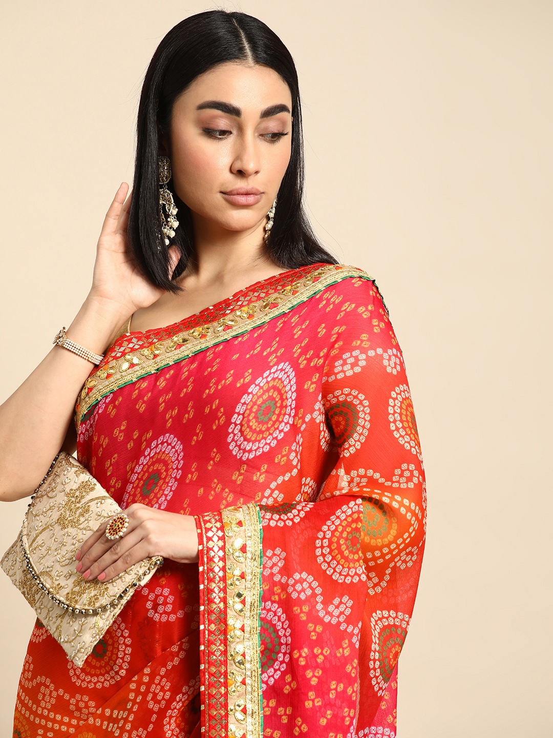 

Mitera Gotta Patti Poly Georgette Bandhani Saree, Pink