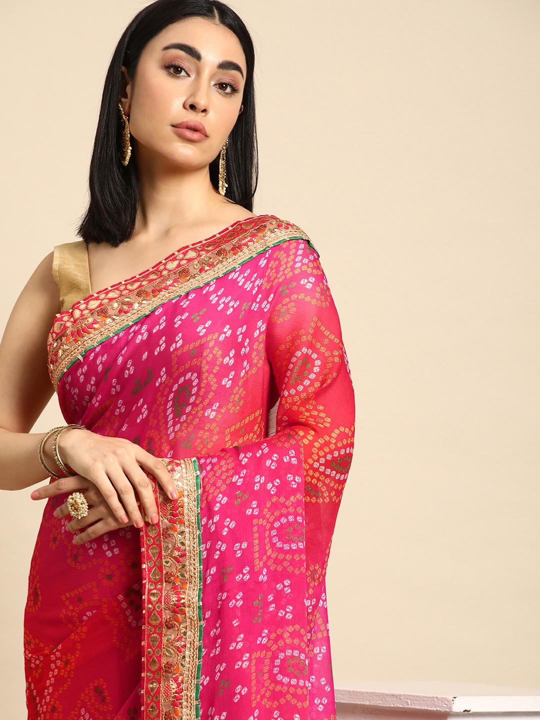 

Mitera Gotta Patti Poly Georgette Bandhani Saree, Pink