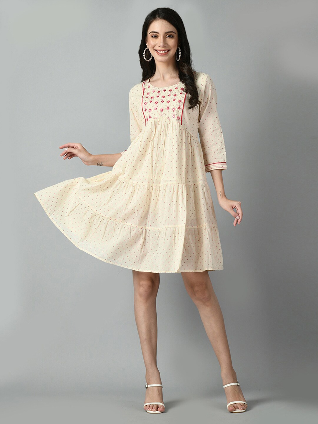 

DOISA Polka Dots Printed Round Neck Embroidered Empire Dress, Cream