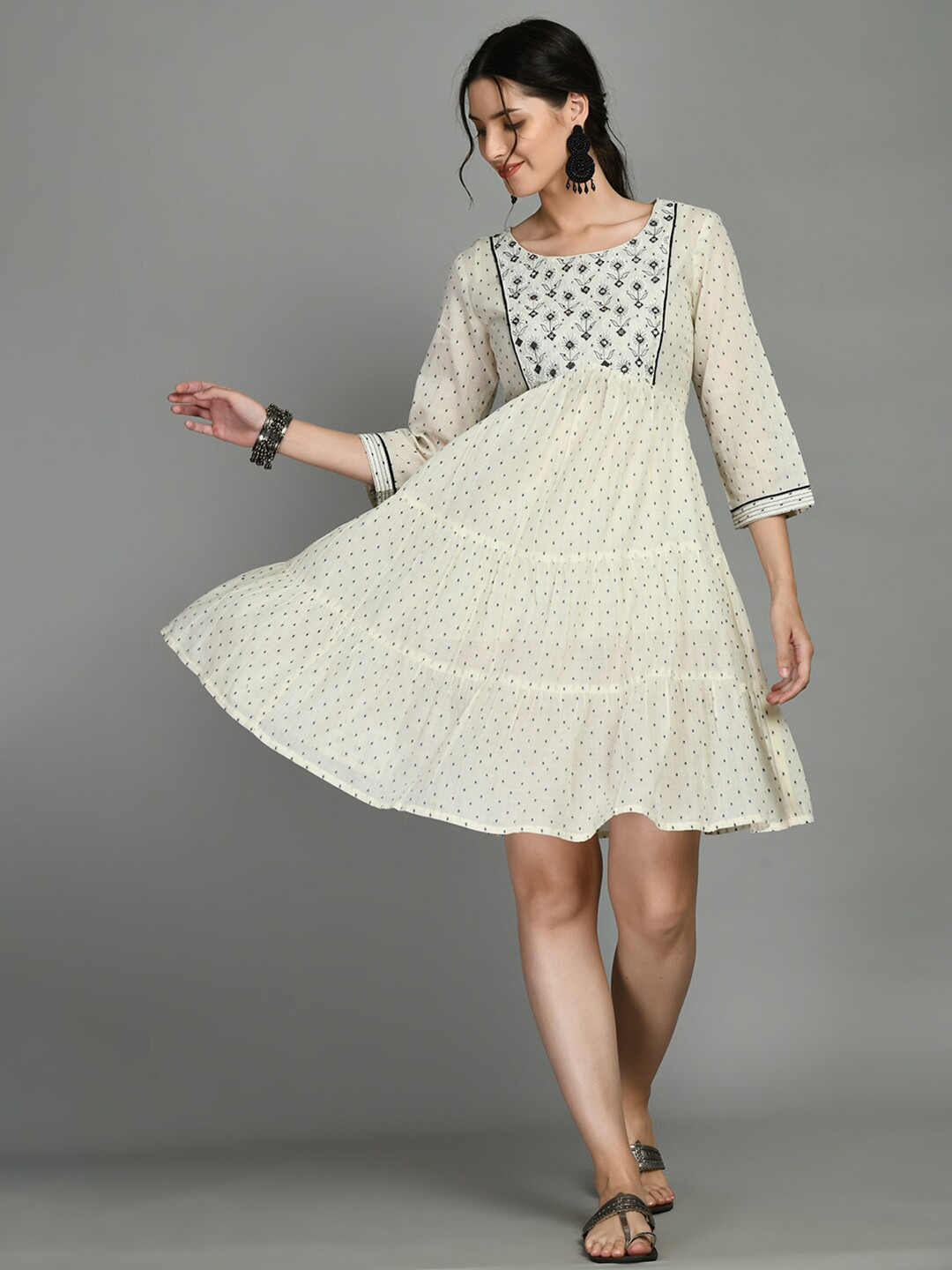 

DOISA Polka Dots Printed Round Neck Embroidered Empire Dress, Cream