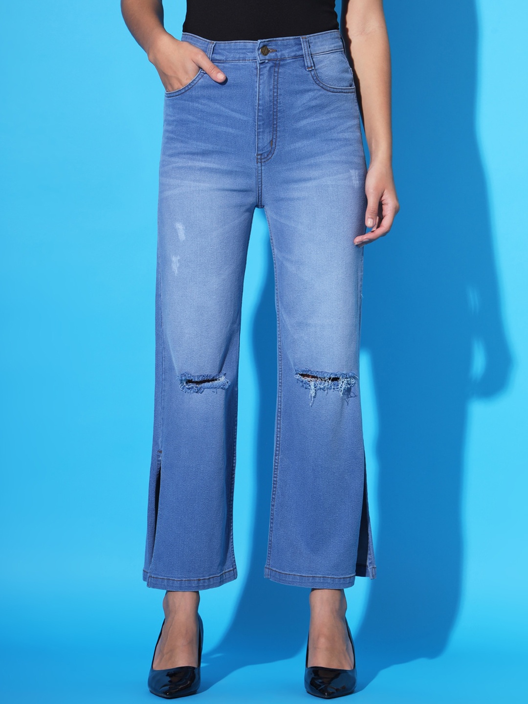 

GUTI Women Flared High-Rise Slash Knee Light Fade Stretchable Jeans, Blue