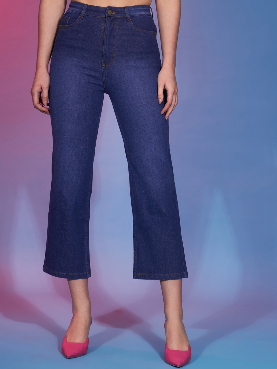 

GUTI Women Flared High-Rise Clean Look Light Fade Stretchable Jeans, Blue