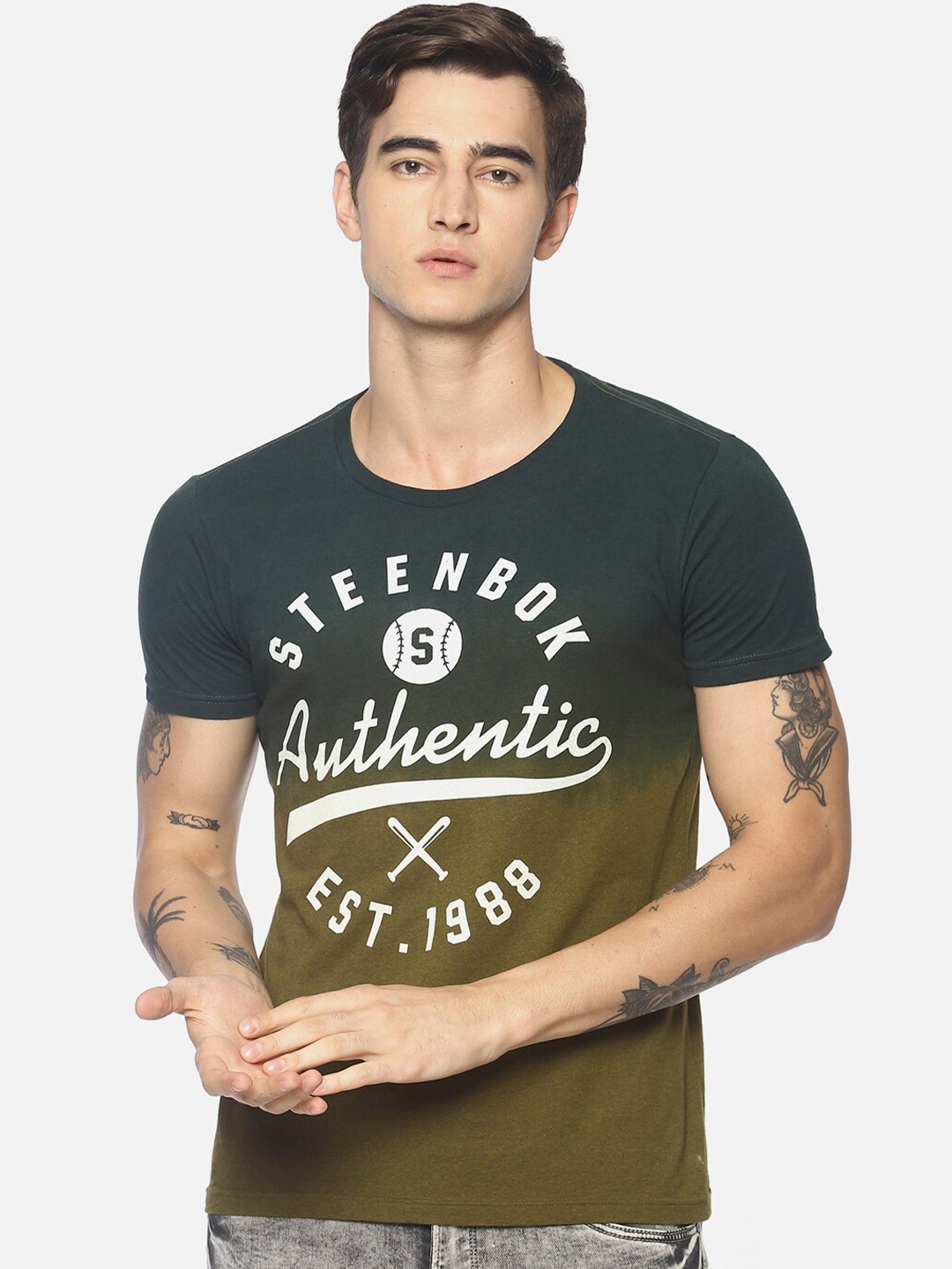 

Steenbok Typography Printed Cotton Slim Fit T-shirt, Olive