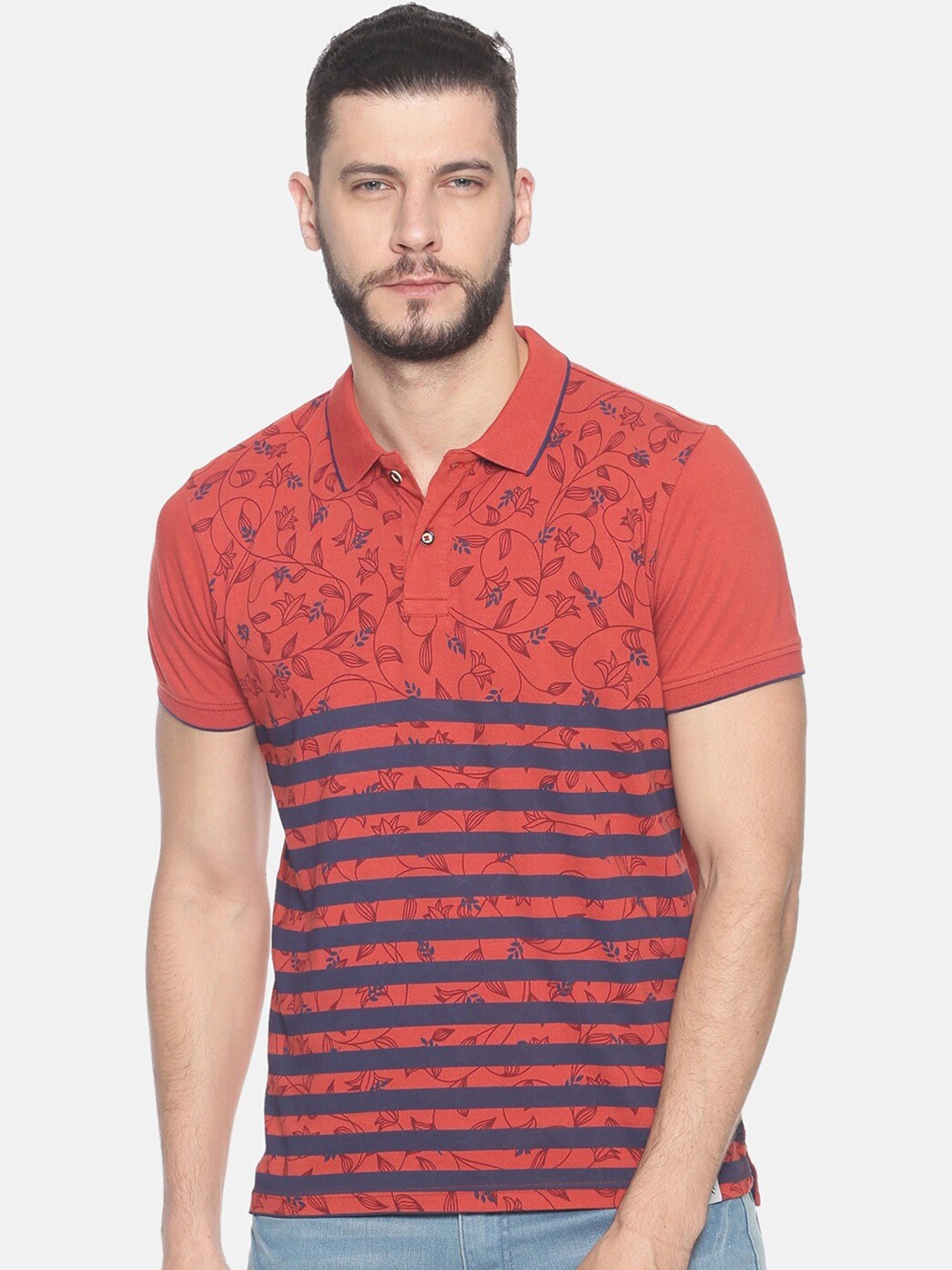 

Steenbok Floral Printed Polo Collar Pure Cotton T-shirt, Red