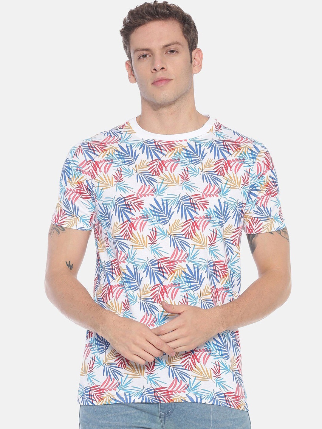 

Steenbok Floral Printed Round Neck Slim Fit Cotton T-Shirt, White