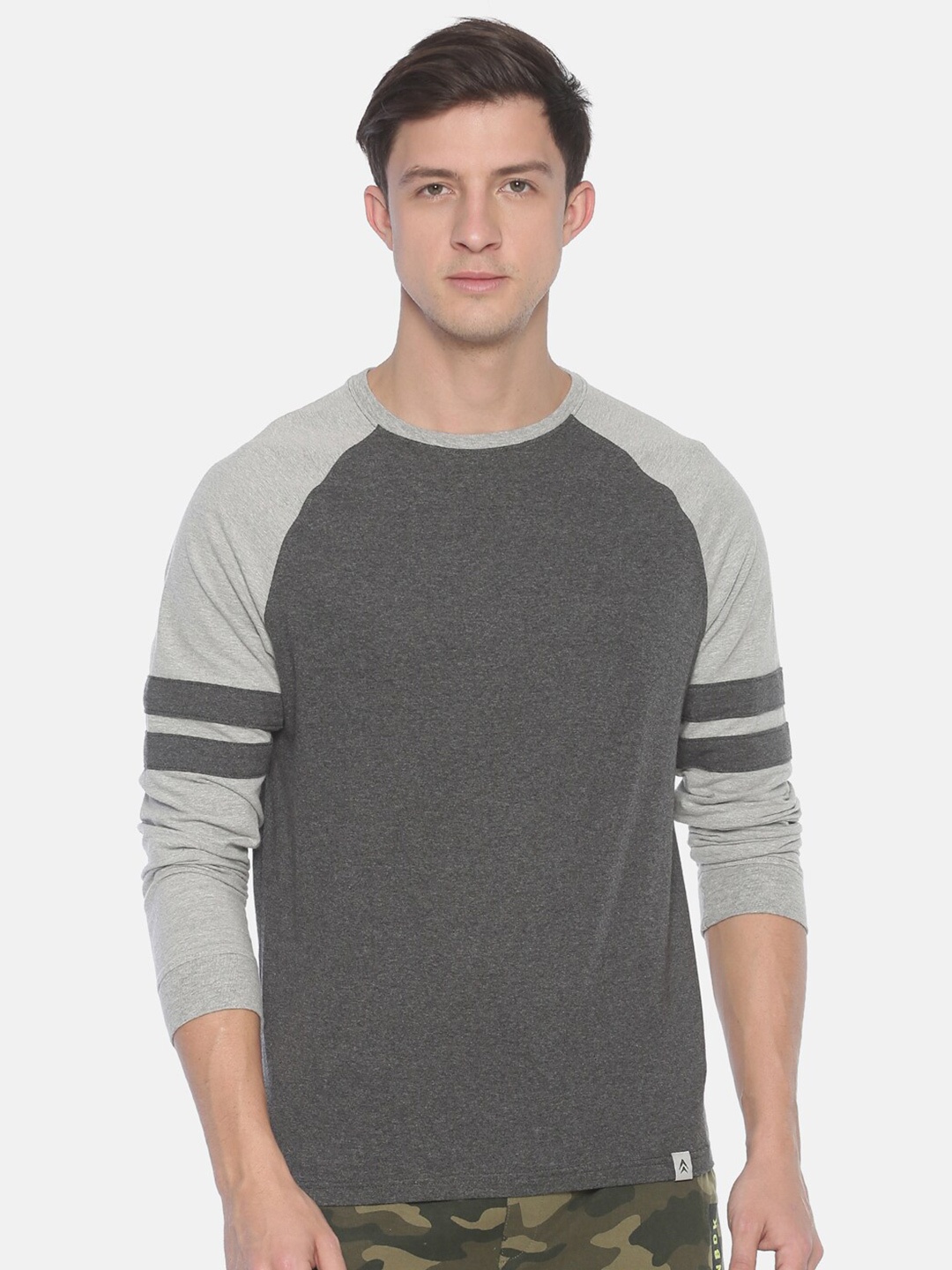 

Steenbok Colourblocked Round Neck Slim Fit Cotton T-Shirt, Grey melange