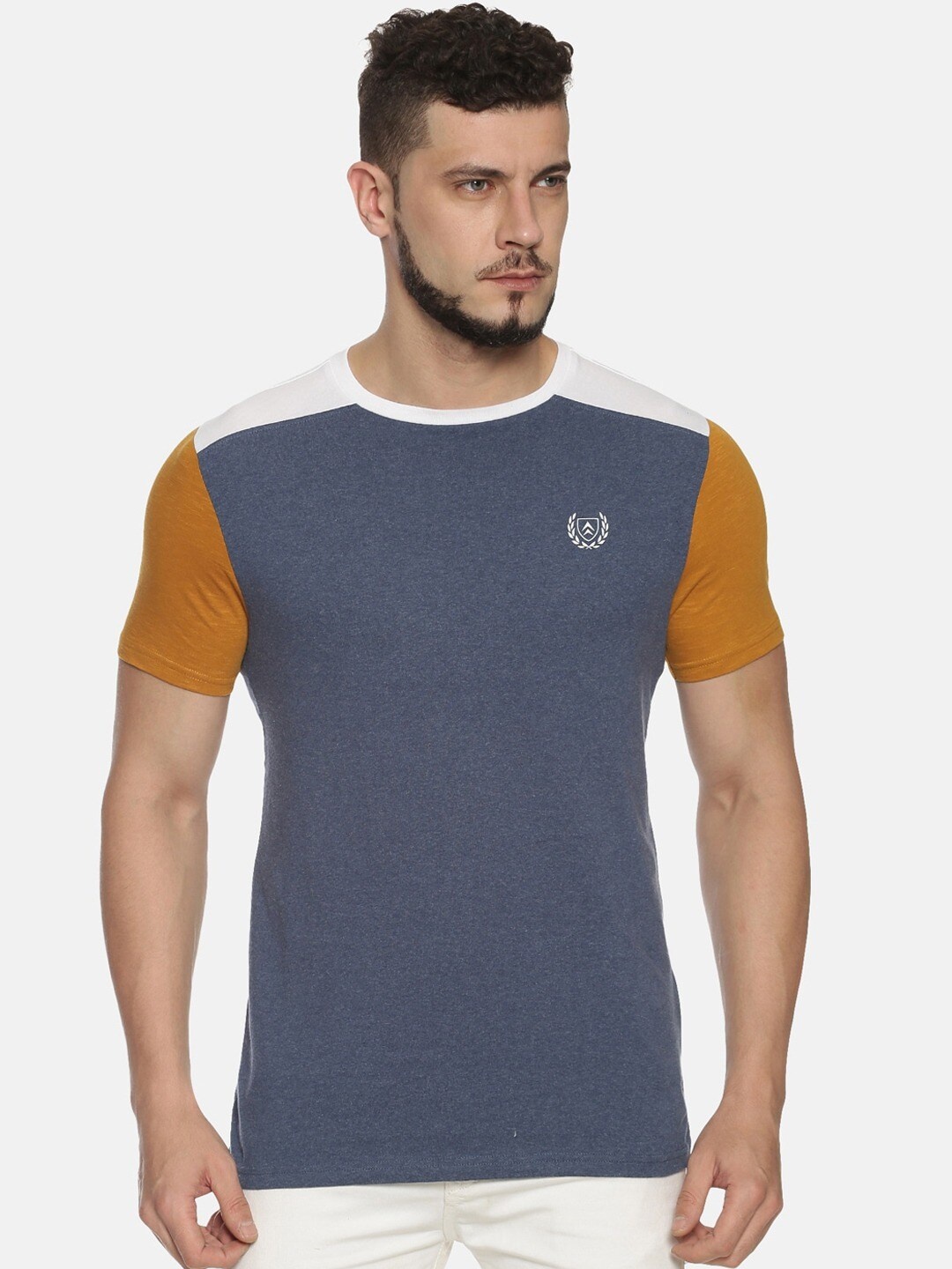 

Steenbok Colourblocked Round Neck Short Sleeves Pure Cotton Slim Fit T-shirt, Navy blue