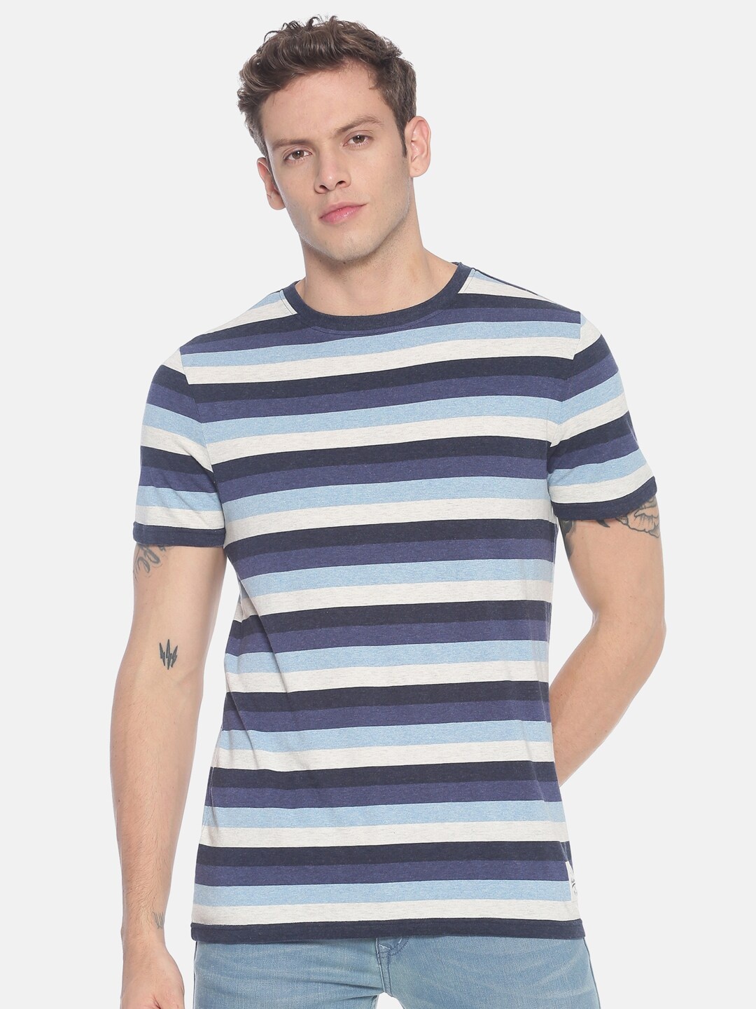 

Steenbok Striped Round Neck Short Sleeves Pure Cotton Slim Fit T-shirt, Purple