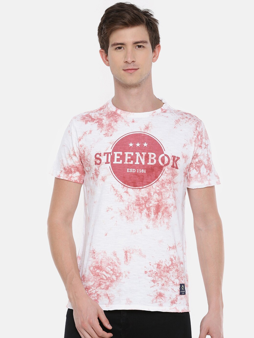 

Steenbok Tie and Dye Dyed Round Neck Short Sleeves Pure Cotton Slim Fit T-shirt, Pink