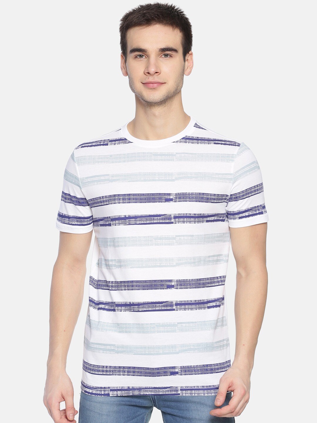 

Steenbok Striped Slim Fit Pure Cotton Casual T-shirt, White