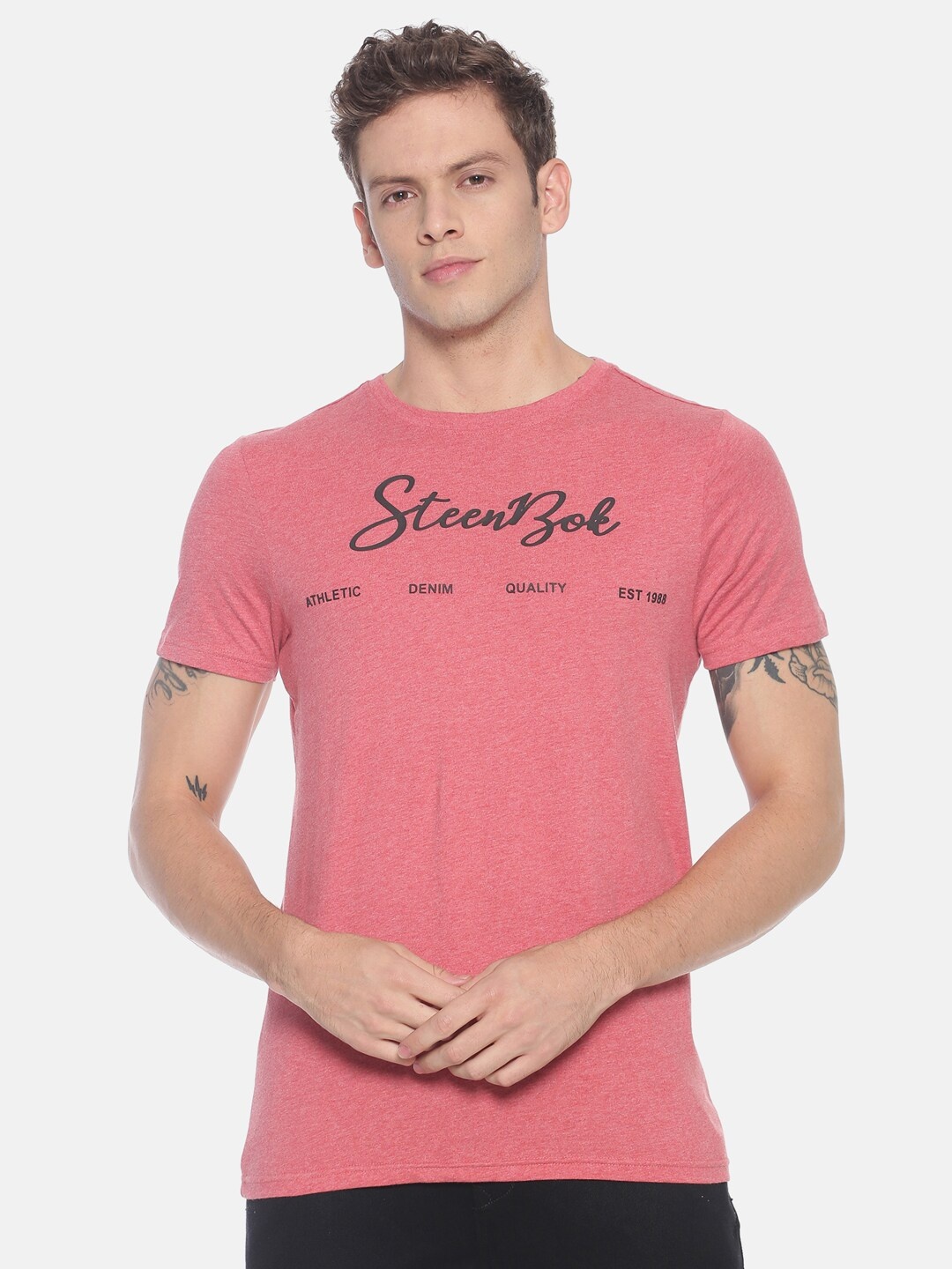 Steenbok Typography Printed Slim Fit Pure Cotton Casual T-shirt, Pink