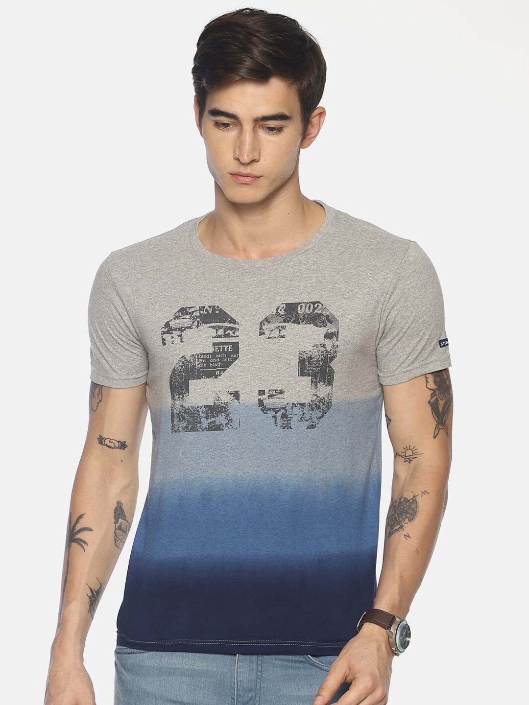 Steenbok Colourblocked Polo Collar Slim Fit Pure Cotton Casual T-shirt, Grey
