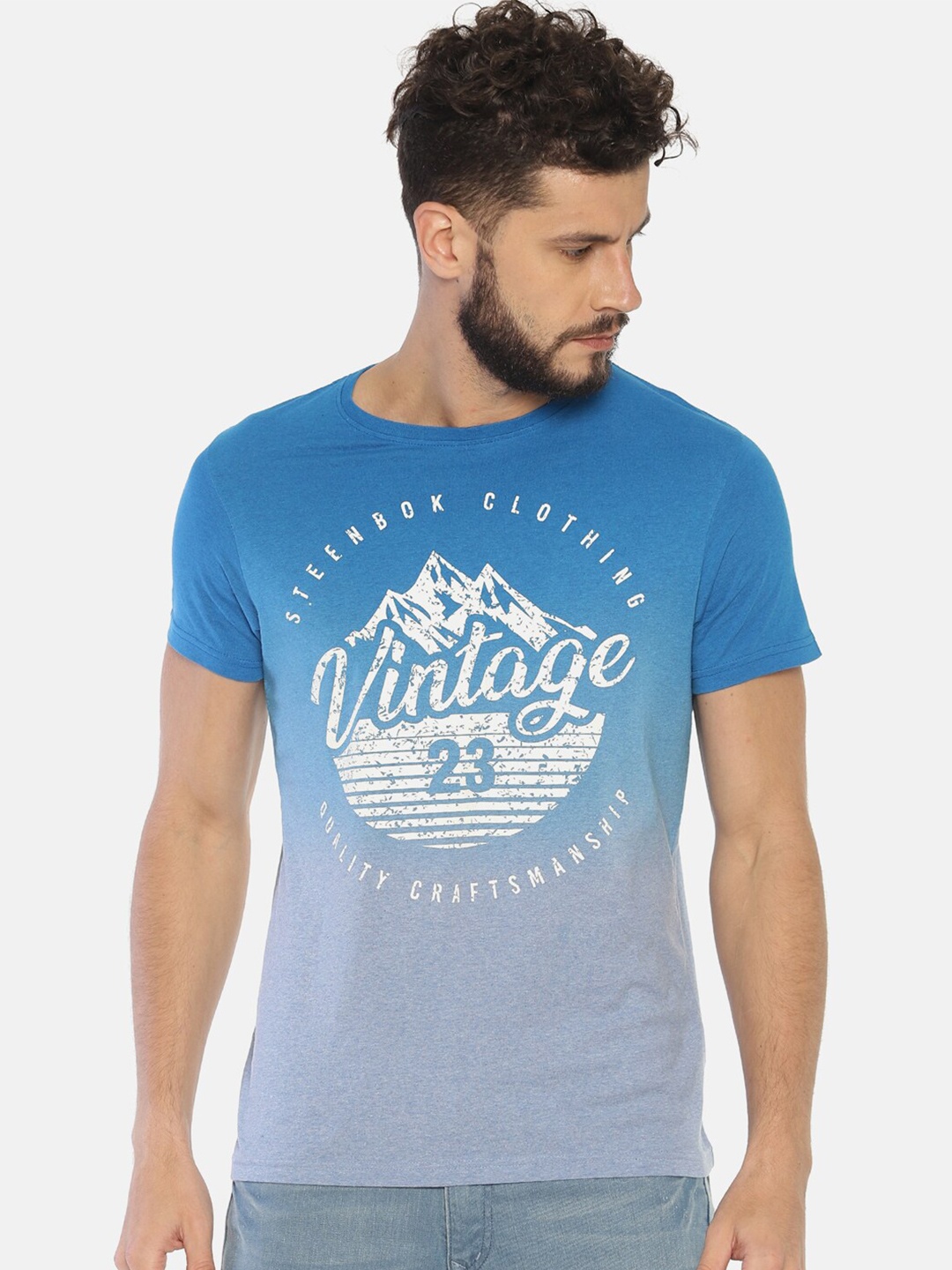 

Steenbok Typography Printed Slim Fit Pure Cotton Casual T-shirt, Blue