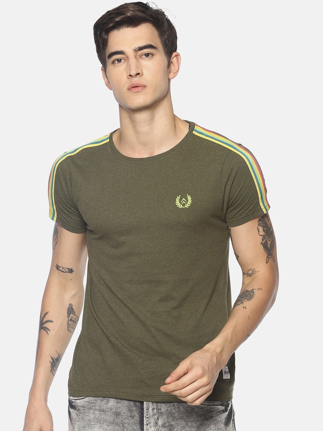 

Steenbok Round Neck Slim Fit Pure Cotton Casual T-shirt, Olive