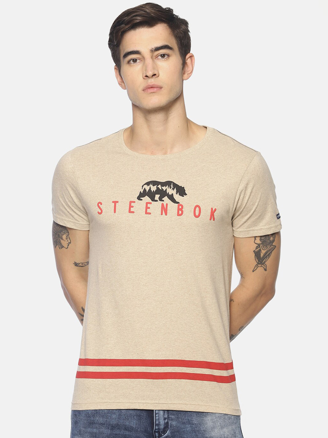 

Steenbok Brand Logo Printed Round Neck Slim Fit Cotton T-Shirt, Beige