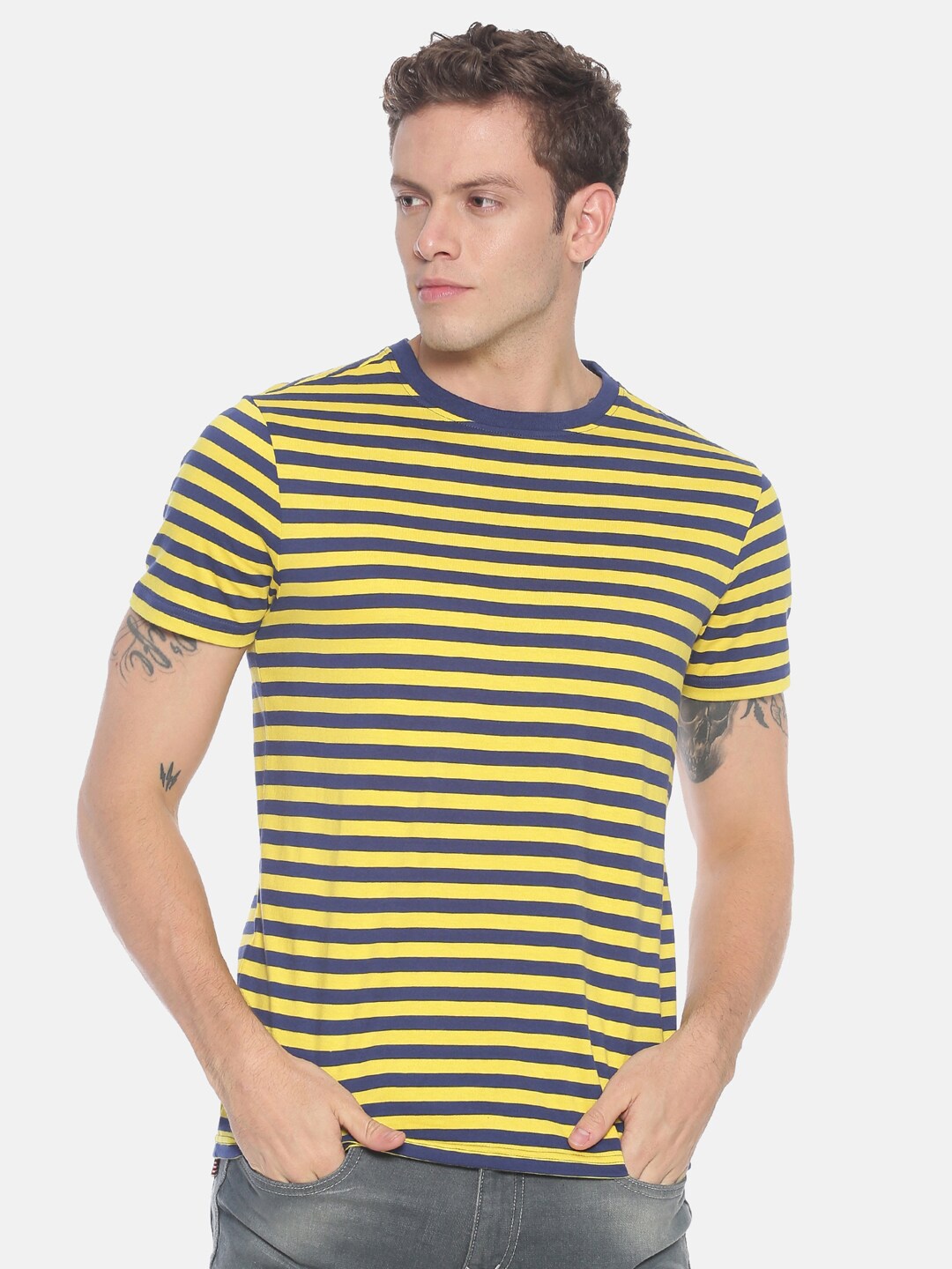 

Steenbok Striped Slim Fit Pure Cotton Casual T-shirt, Yellow