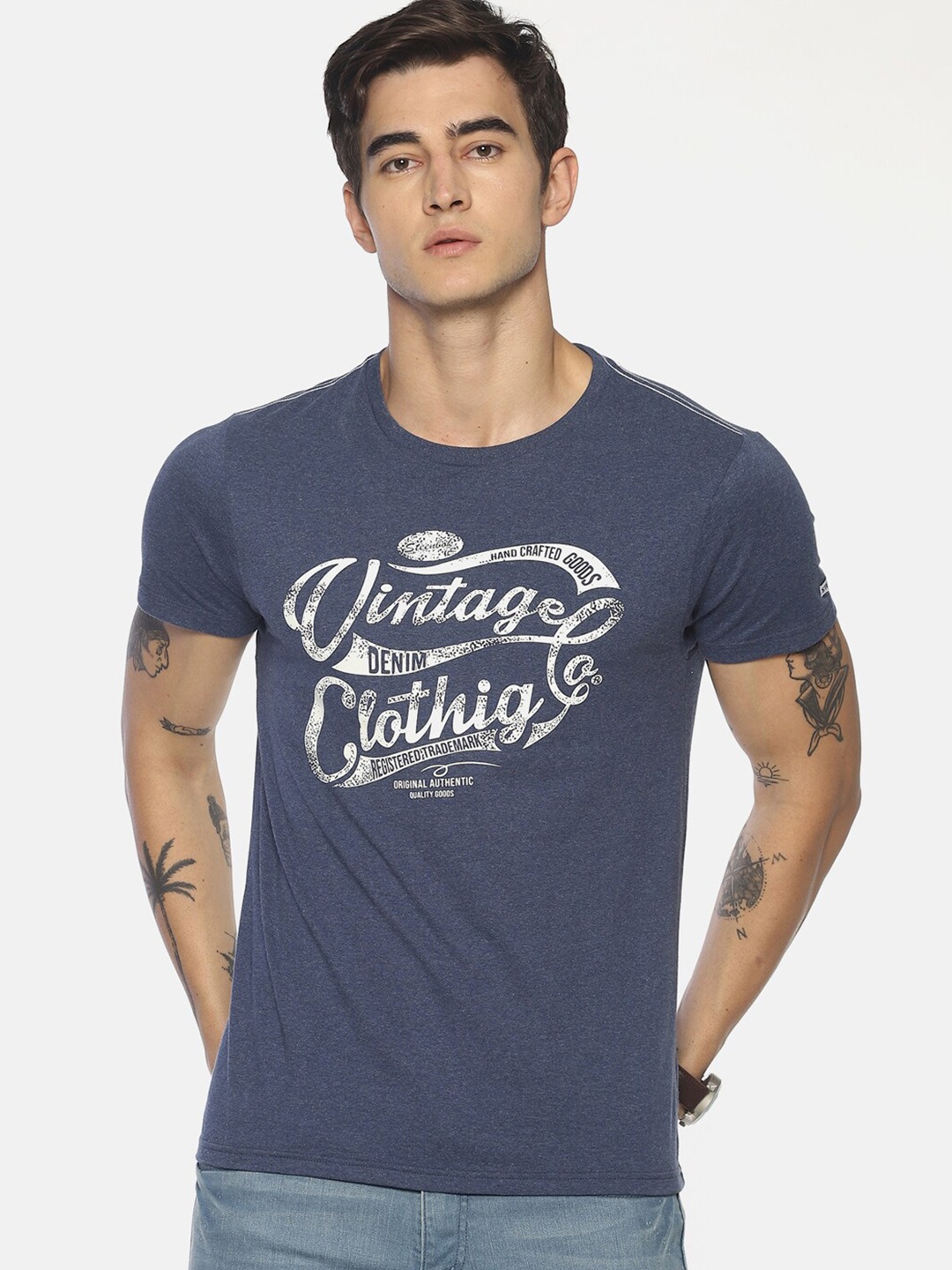 

Steenbok Typography Printed Slim Fit Pure Cotton Casual T-shirt, Navy blue