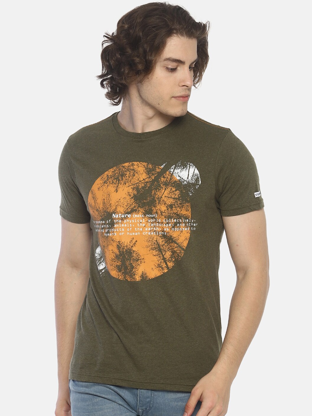 

Steenbok Graphic Printed Round Neck Slim Fit Cotton T-Shirt, Olive