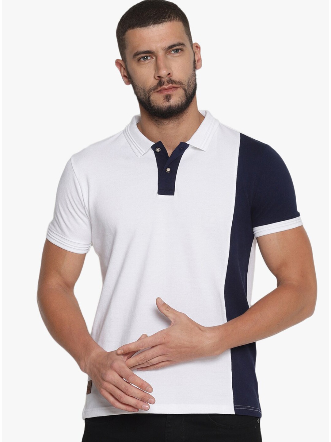 

Steenbok Colourblocked Polo Collar Slim Fit Pure Cotton Casual T-shirt, Blue