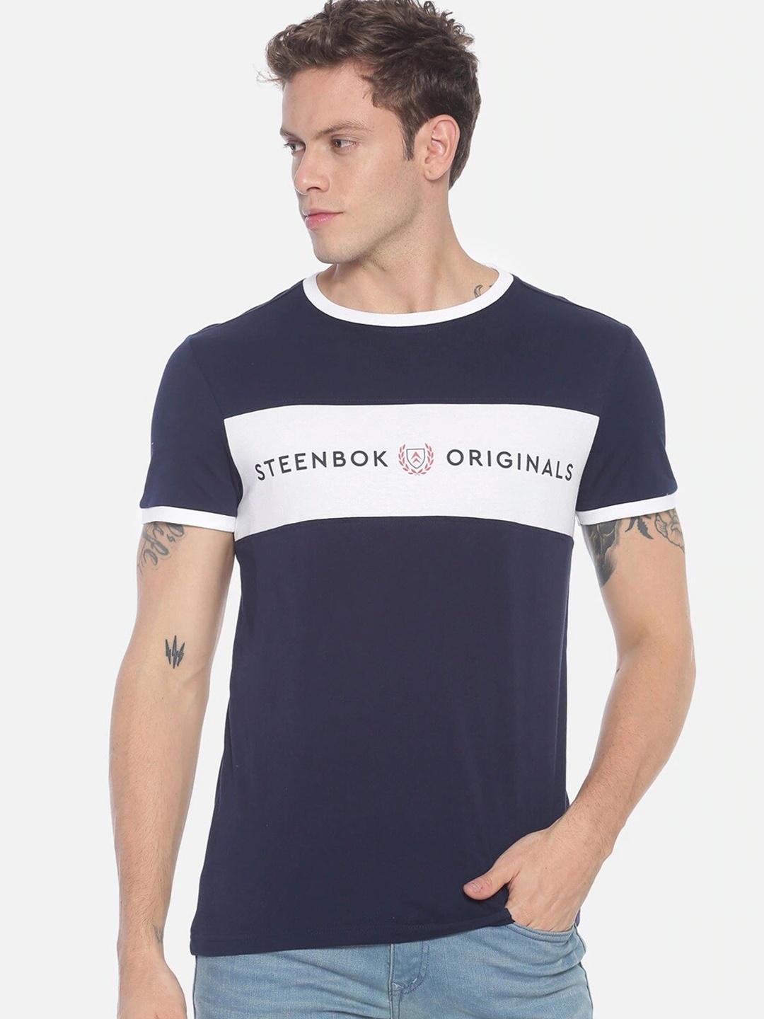

Steenbok Colourblocked Polo Collar Slim Fit Pure Cotton Casual T-shirt, Navy blue