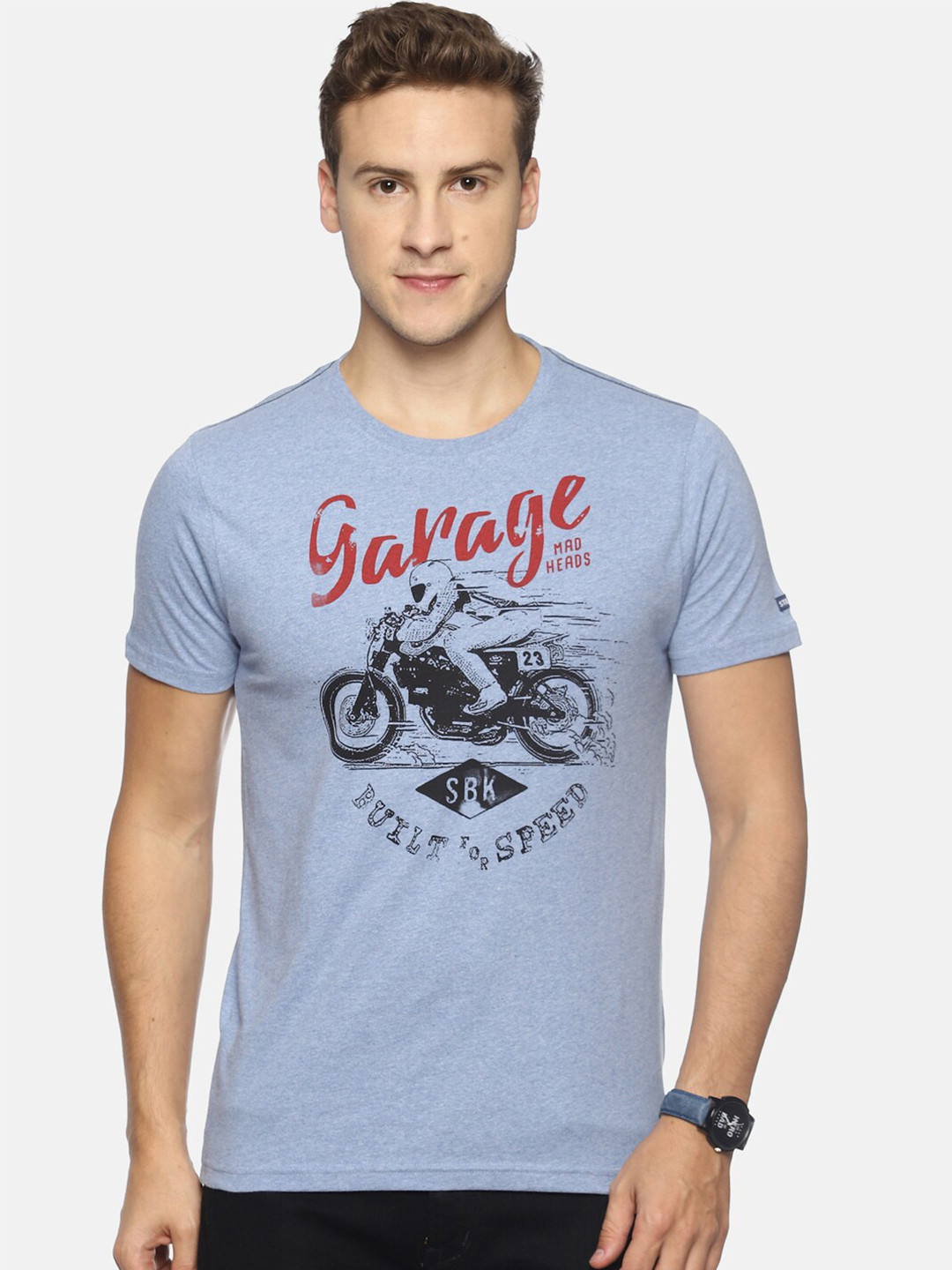 

Steenbok Graphic Printed Round Neck Slim Fit Cotton T-Shirt, Blue