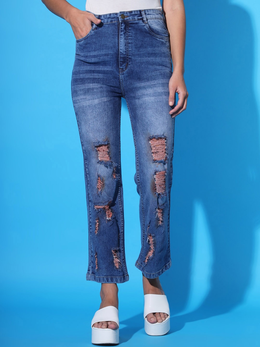 

BAESD Women High-Rise Highly Distressed Heavy Fade Stretchable Jeans, Blue