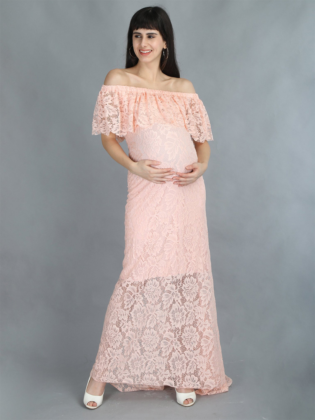 

The Mom Store Off-Shoulder Cape Sleeve Lace Maxi Maternity Dress, Peach