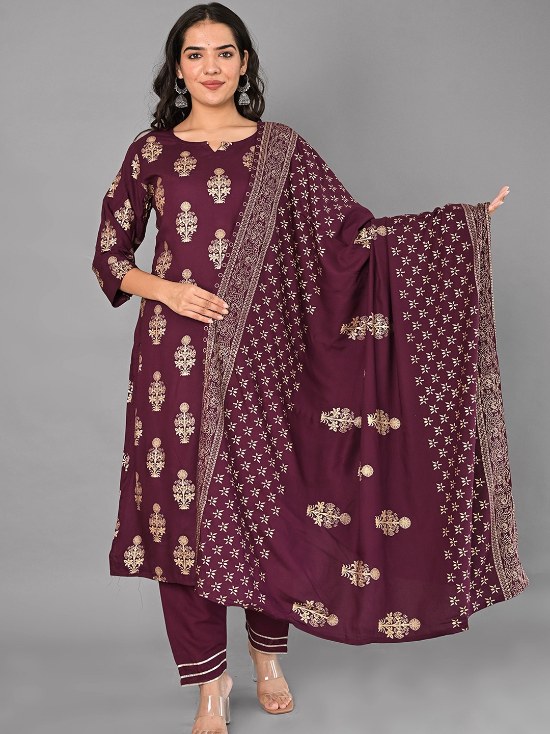 

KALINI Floral Printed Kurta With Trousers & Dupatta, Burgundy