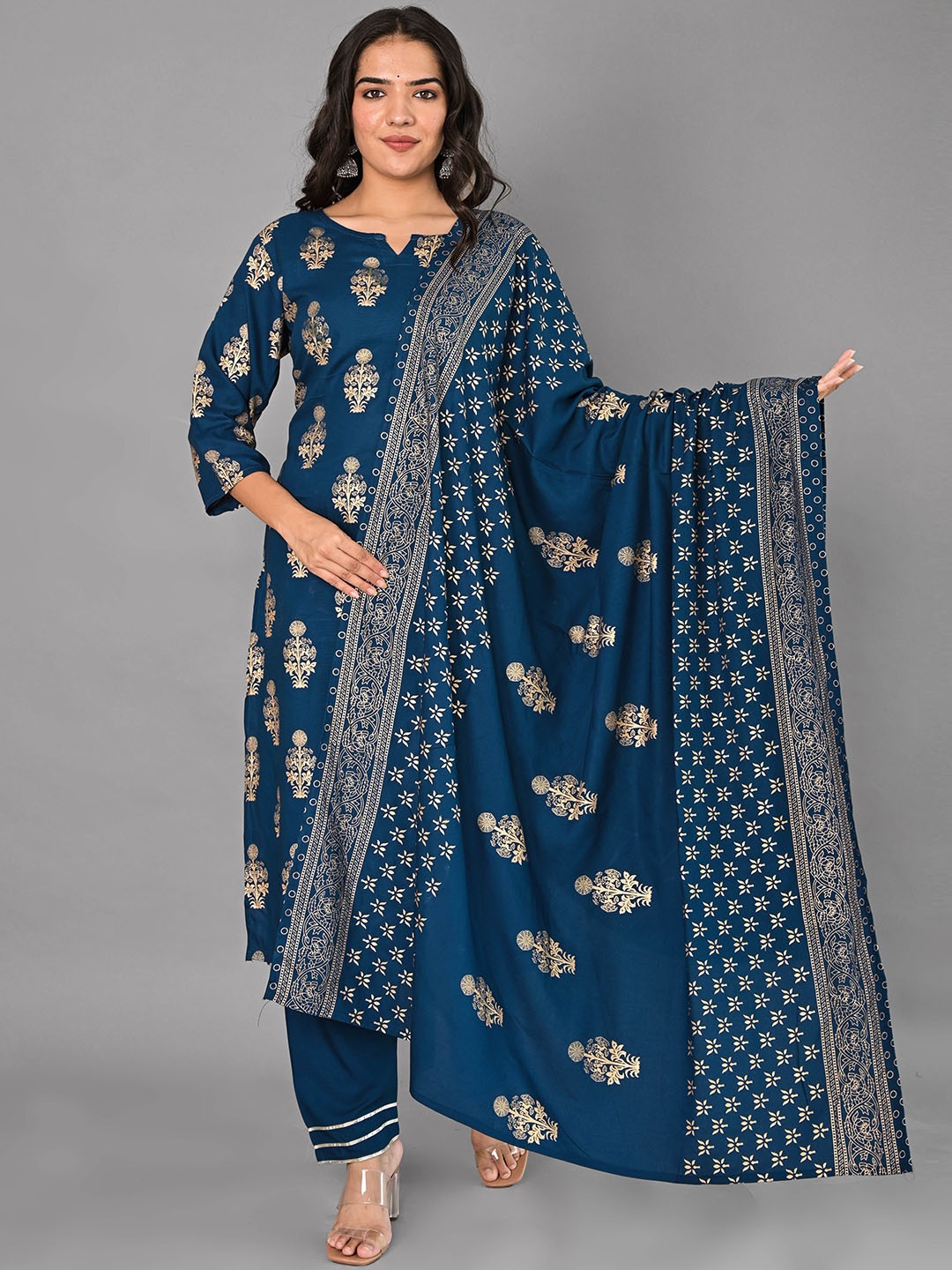 

KALINI Ethnic Motifs Printed Regular Kurta with Trousers & With Dupatta, Blue